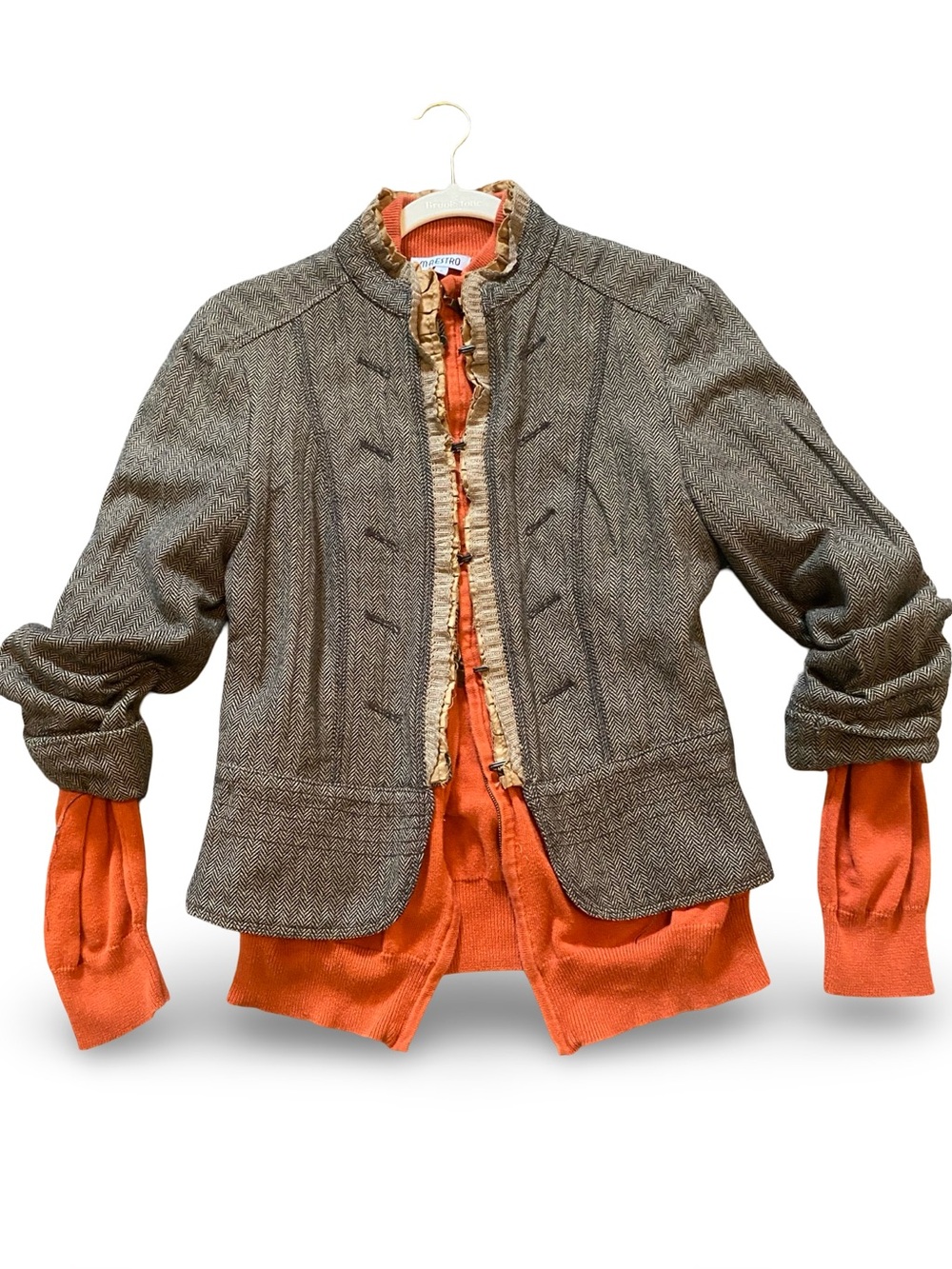 Zara Brown Herringbone Ruffle-Trim Tweed Blazer